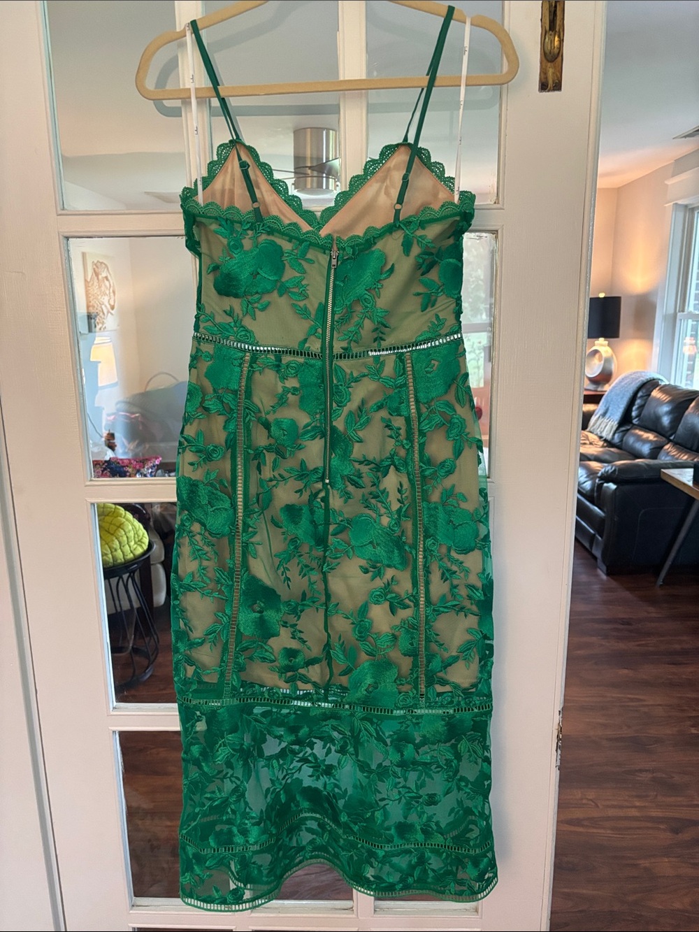 Green Floral Lace Midi Dress - Elegant Spaghetti Strap - Picture 3 of 3